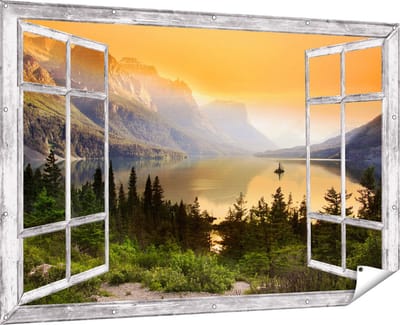 Gards Tuinposter Doorkijk Bergen met een Meer in Nationaal Park Glacier - 180x120 cm - Tuindoek - Tuindecoratie - Wanddecoratie buiten - Tuinschilderij