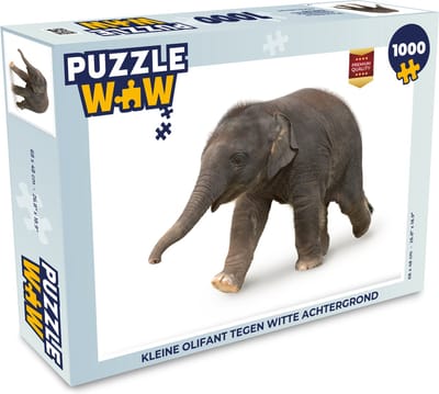 Puzzel Kleine olifant tegen witte achtergrond - Legpuzzel - Puzzel 1000 stukjes volwassenen