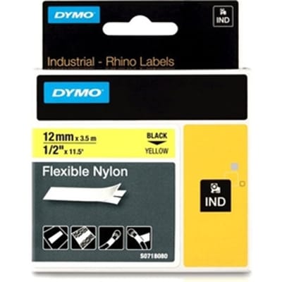 Labeltape dymo rhino industrieel nylon 12mm zwart Op geel