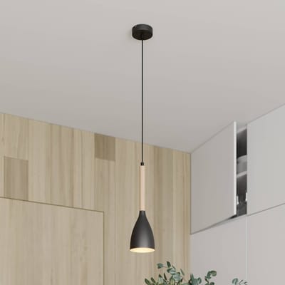 Luminex Hanglamp Muza, zwart/licht hout, Ø 11 cm