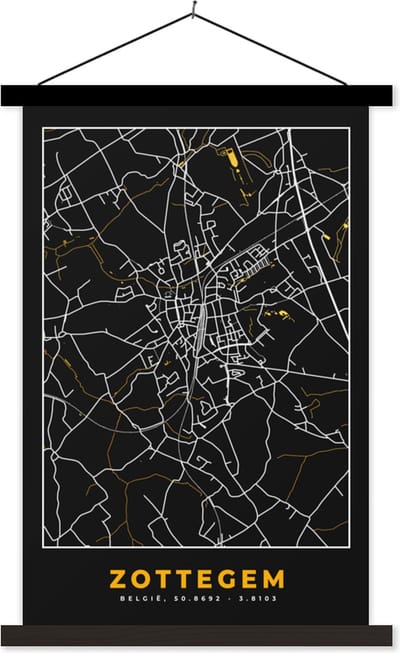 Posterhanger incl. Poster 40x60 cm - Schoolplaat - Kaart - Goud - Plattegrond - Zottegem - Stadskaart - Textielposter - Zwarte latten - Stadskaart