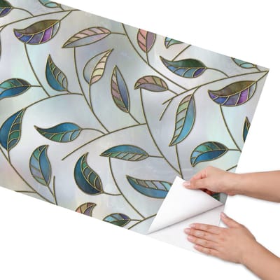 Coloray Meubel Wrap Folie - Blauw Meubelfolie - 65x130 cm - Meubel Wrap Folie Gebrandschilderde bladeren - Plakfolie Meubels - Artistiek Meubelfolie - Decoratiefolie Zelfklevend - Slaapkamer decoratie - Bloemen en planten