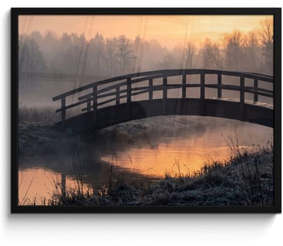 Poster in lijst - Fotolijst 80x60 cm - Posters - Brug - Mist - Bomen - Water - Posterlijst zwart - Decoratie - Wanddecoratie woonkamer - Muurdecoratie slaapkamer