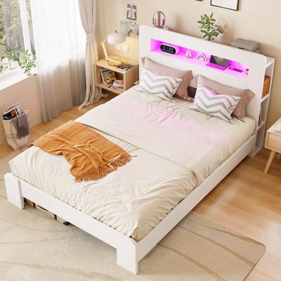 Sweiko Houten bed - 140 x 200 cm - Opbergruimte - LED-verlichting - Inclusief oplaadpunt - Wit