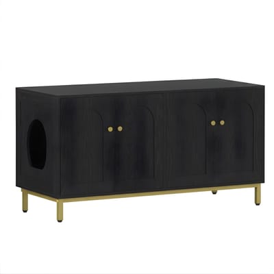 Kattenkast – Voor 2 Katten – 119 cm Verborgen Kattenbak Meubel, Houten Huis voor Huisdieren, Opbergkast / Bank – Zwart/Goud