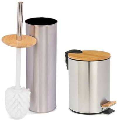 Berilo Pedaalemmer en Toiletborstel Steel - softclose - 3 liter - zilver/beige - 17 x 23 cm - wc borstel 34 cm