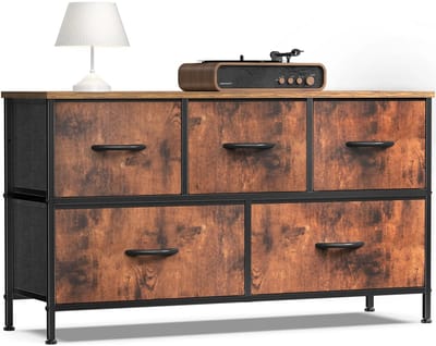 UrbanSelect Dressoir - Ladekast - 5 Ruime lades - Ademende 3-laags Stof - Verstelbare Poten - Vintage Houtlook - Stalen Frame