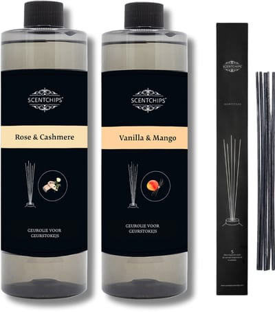 Navulling rose & cashmere + vanille mango + geurstokjes - Geurstokjes Navulling Set van 2 + 5 Geurstokjes - Geurverspreider - Luchtverfrisser - Huisparfum - 400ml x 2