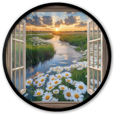 Poster in lijst Rond - Fotolijst 40x40 cm - Posters - Doorkijk - Landschap - Raam - Water - Zonsondergang - Ronde posterlijst zwart - Decoratie - Wanddecoratie woonkamer - Muurdecoratie slaapkamer