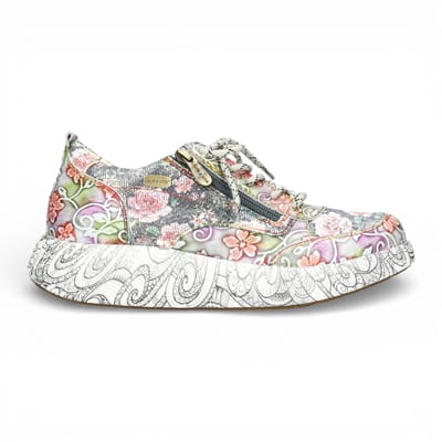 Laura Vita Nikito 62 dames sneakers met grijze bloemenprint van leer en platformzool.