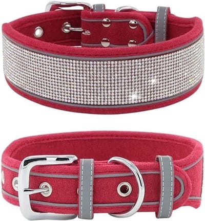 SnelShoppen - Rhinestone Dog Collar, Glanzend Zacht Suède Reflectief Hondenhalsband met Kristal Diamanten voor Middelgrote en Grote Honden (L: 19-23 i