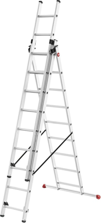 Hailo HobbyStep combi 3-in-1 aluminium combinatieladder | 3 x 9 geprofileerde sporten tot 150 kg | Uitschuifladder, schuifladder en trapladder in één | incl. aluminium opklapbare trede | Gemaakt in Duitsland | zilver