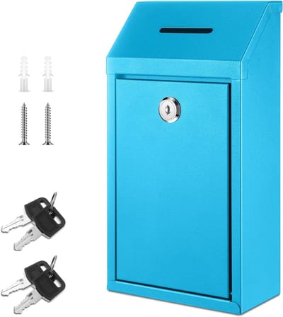 Metalen donatiedoos, verzameldoos, veilige suggestiebox met slot, wandgemonteerde brievenbus levering stembus sleuteldoos voor thuiskantoor, buitendeur (lichtblauw, 25,9 x 13,95 x 5,95 cm)