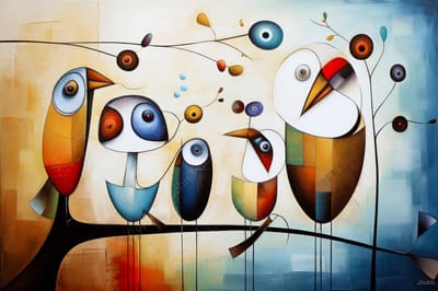 John Joseb Art (Aluminium) 120x80 | Vogels op een tak, Kandinsky, Joan Miro stijl, abstract, kleurrijk, kunst | dier, vogel, rood, bruin, blauw, modern | foto-schilderij op dibond, metaal wanddecoratie