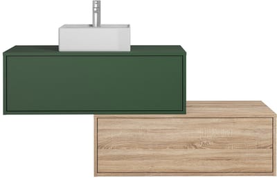 Vente-unique Zwevend groen en licht naturel badkamermeubel met enkele vierkante wastafel en twee lades - 94 cm - TEANA II