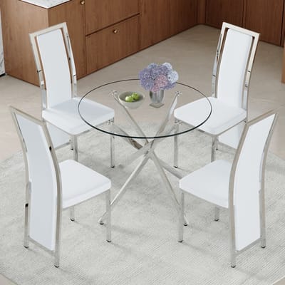Tafel- en stoelenset. Luxe eettafel van 88 cm van gehard glas + 4 minimalistische witte PU-eetkamerstoelen met zilverkleurige accenten en zilverkleurig metalen frame. Moderne, eenvoudige set bestaande uit 1 tafel en 4 stoelen.