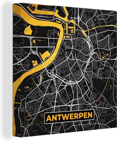 Canvas Schilderij Antwerpen - Goud - Plattegrond - Stadskaart - Kaart - 20x20 cm - Wanddecoratie