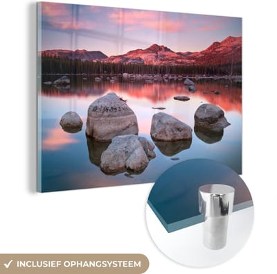 ® Glasschilderij 180x120 cm - Schilderij acrylglas - Zonsondergang bij het meer in het Nationaal park Sierra Nevada in Californië - Foto op glas - Muurdecoratie woonkamer - Wanddecoratie slaapkamer - Schilderijen
