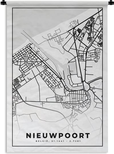 Wandkleed - Wanddoek - Plattegrond – Nieuwpoort – Zwart Wit – Stadskaart - Kaart - België - 120x180 cm - Wandtapijt