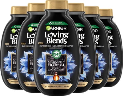 Garnier Loving Blends Magnetic Charcoal Zuiverende & Hydraterende Shampoo Voordeelverpakking - Vette hoofdhuid, Droge lengtes - 6 x 300ml