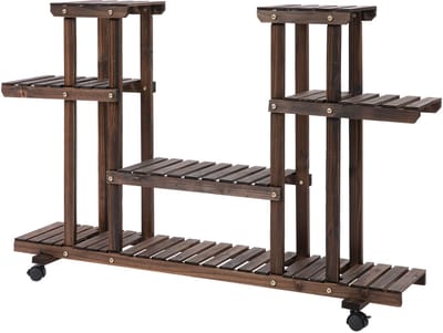 Plantenrek - 123,5 x 33 x 80 cm - 4-Staps Bloemenstandaard - Massief Verkoold Hout - Naturel