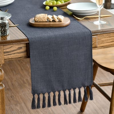 Tafelloper - Landelijke stijl met kwastjes - Wasbaar - Voor tafeldecoratie - Grafietgrijs - 33x183 cm