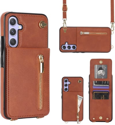Multimedia & Accessoires Stijlvolle Leren Fashion Backcover Case Hoesje met Koord, Stand Ritsvak en Pasjeshouders geschikt voor Samsung Galaxy A56 5G - Bruin