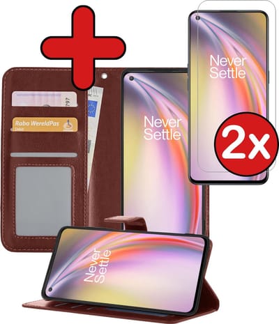 Hoesje - Met 2x Screenprotector - Geschikt voor OnePlus Nord CE - Luxe Pasjeshouder - Flip Case - Bookcase Portemonee - Kunstleer Book Case - Flipcase Hoes - Book Cover - Walletcase - Portemonneehoes - Telefoonhoes - Bruin