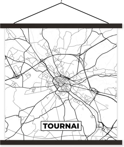 Posterhanger incl. Poster 60x60 cm - Schoolplaat - België – Tournai – Stadskaart – Kaart – Zwart Wit – Plattegrond - Textielposter - Zwarte latten - Stadskaart