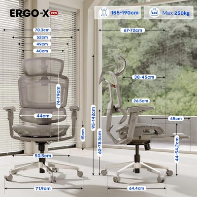Ergonomische bureaustoel met voetensteun – House&Garden ErgoX Pro mesh directiestoel & gaming stoel 250 kg belastbaar – 4D hoofdsteun, 5D lendensteun, 7D armleuningen, 12-traps verstelbaar, ademend mesh design (grijs)