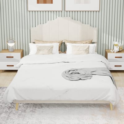 Wishdor Gestoffeerd Bedframe – 160 x 200 cm – Geometrisch Hoofdbord met Siernagels – Stof en Metaal Beige – Lattenbodem met Vochtbescherming – Zachte Hollandse Wol – Stijlvol voor Moderne Slaapkamer – Eenvoudige Montage