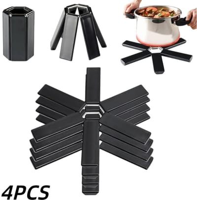 4 stuks-Hittebestendige mat - placemat - pannenlap - anti-verbrandingsmat - opvouwbaar - keukenaccessoire - geschikt voor kookgerei - isolatie voor servies - zwart - 18*2,5 cm