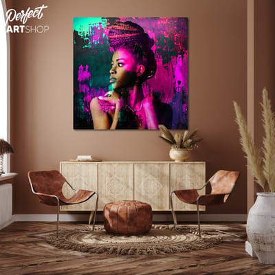 BEAUTIFUL AFRICAN WOMAN: 80x80cm Plexiglas. Decoratie - Modern - Zwart - Blauw - Groen - Roze - Vrouw - Afrika