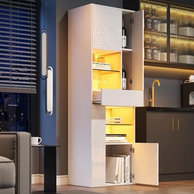BLACKCOLORS - Verkoopvitrine - 55x38x170 cm - Hoge kast - 1 lade - 4 kasten - Glazen vitrine - LED-verlichting - Glanzend design - Salonkast - Displaykast - Wit