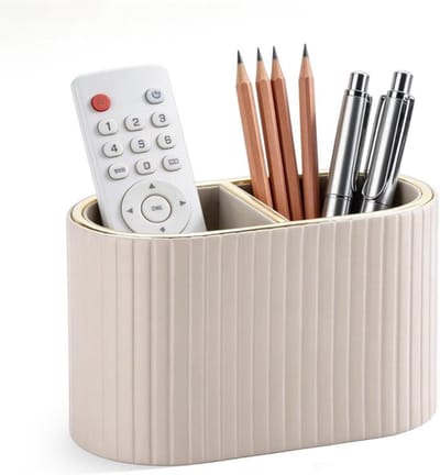SnelShoppen - Bureau-organizer leer ovale pennenhouder multifunctionele pennenbox met 2 vakken voor kantoor, school en thuis - Bruin PU-leer 16,2 x 8,