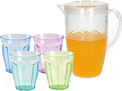 Stevige sapkan/water/schenkkan karaf met deksel 2 liter set met 12x kunststof gekleurde drinkglazen 250 ml