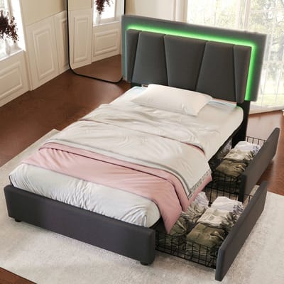 Bed van 90x200 cm met opbergruimte, ledverlichting en 2 lades - Eenpersoonsbed Gestoffeerd bed met in hoogte verstelbaar hoofdbord - Linnen - Grijs