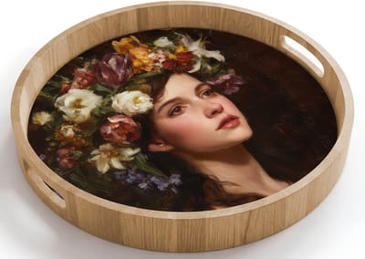 Dienblad rond 40x40 cm - Schootdienblad hout - Portret - Vrouw - Bloemen - Borrelplank rechthoek - Plateau houten dienbladen
