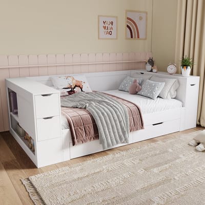Kinderbed - 140x200 cm - Slaapbank - multifunctioneel opbergbed met lades - planken en opbergkasten - met nachtkastje - zonder matras - wit