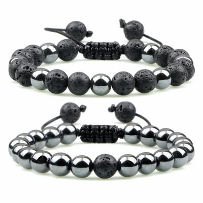 Fako Bijoux® - Dubbele Kralen Armband Suprême  - 8mm - Natuursteen Armband Koord - Lavasteen & Zilver