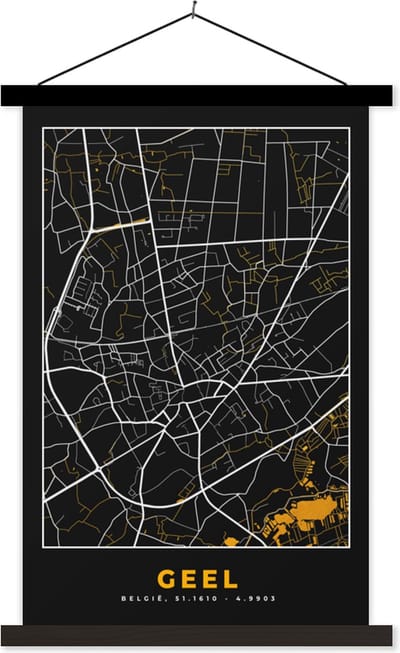 Posterhanger incl. Poster 40x60 cm - Schoolplaat - Geel - Stadskaart - Kaart - Goud - Plattegrond - Textielposter - Zwarte latten - Stadskaart