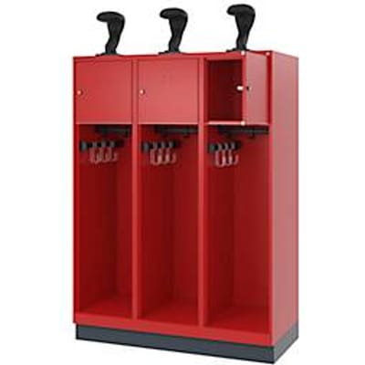 Brandweerkluis C+P Evolo Youngster, 3 vakken, met helmhouder, met sokkel, B 1200 x D 500 x H 1630 mm, RAL 3000 vuurrood/RAL 7016 antracietgrijs