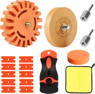 Pack of 2 Foil Eraser Rubber Disc - Cordless Screwdriver with Adapter - Adhesive Removal Knife and 10 Plastic Blades - Professionele Verwijdering van Folies en Lijmresten op Voertuigen