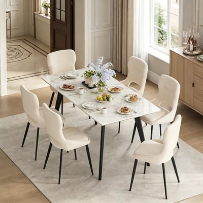 HAUSS SPOLE Eetkamerstoel - Chenille Design - Set Van 6 - Gestoffeerd Met Opengewerkte Rugleuning En Metalen Poten - Voor Eetkamer En Woonkamer - Beige