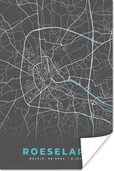 Poster België – Roeselare – Stadskaart – Kaart – Blauw – Plattegrond - 120x180 cm XXL