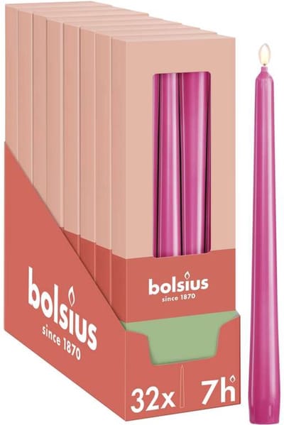 Bolsius - Glanzende dinerkaarsen - 32 stuks - Fuchsia roze - 24,5 cm - 7 branduren