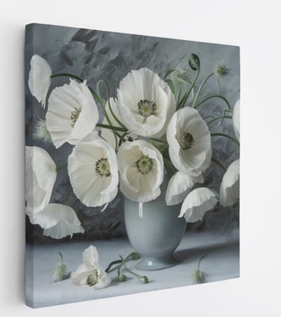 Saammp Canvas Schilderij - Witte Bloemen in Grijze Vaas - Abstract - 20x20 - Foto op canvas - Wanddecoratie - Muurdecoratie Woonkamer - Kantoor Decoratie