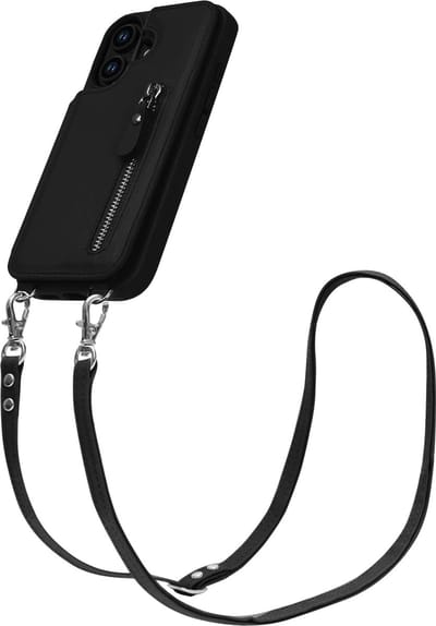 Casemania Hoesje Geschikt voor Apple iPhone 16 - Zwart - Luxe Back Cover met Koord / Rits - Wallet Case met Pasjeshouder - Lanyard Telefoonhoes - Cord Case