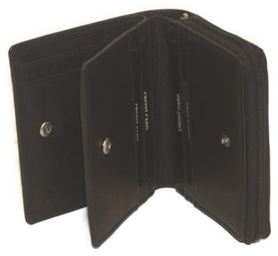 Oi zwarte leren rits portemonnee compact model / beurs met rits voor muntgeld / kleine afsluitbare portemonnee voor 6 pasjes / beveiligd tegen skimmen / zwart leer / 293