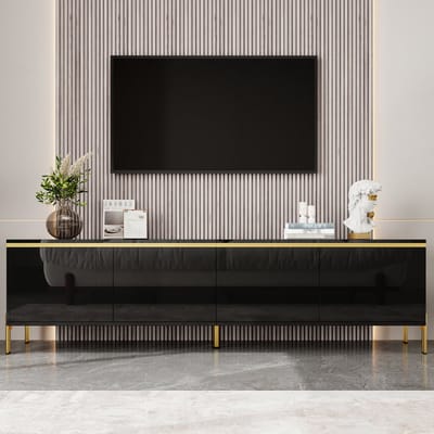 MODFU - TV-Meubel - 4 Deuren - Kabeldoorvoer - Hoogglans - Italiaans-Minimalistisch - Woonkamer - Spaanplaat - Zwart - 170 X 38 X 50 Cm